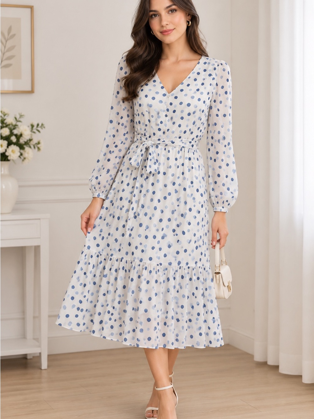 DKNY White Dress with Blue Polka Dots — Long Sleeve Midi, size 4
